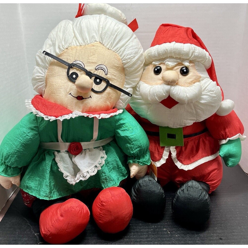 Vtg Embrace Santa & Mrs Claus Nylon Puffy Plush Holiday Stuffed Christmas Decor